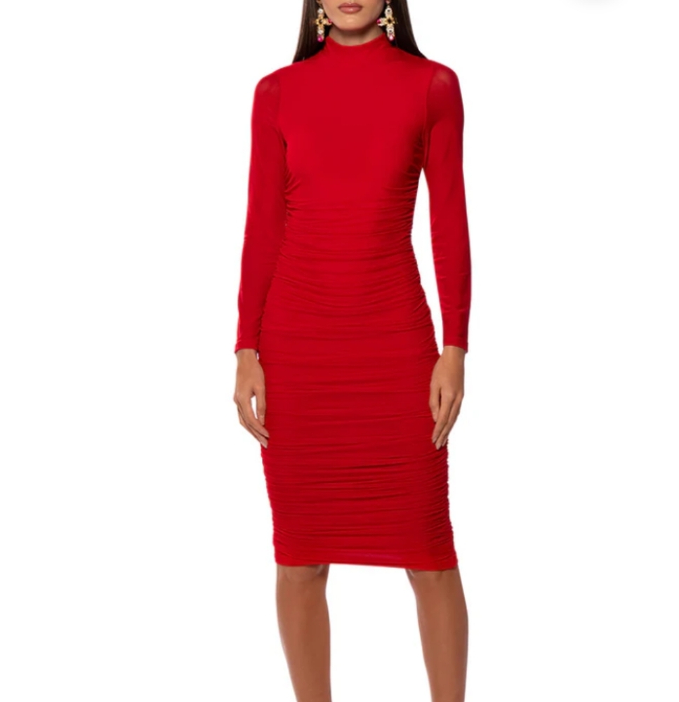 AKIRA Red Long Sleeve Ruched Midi Dress